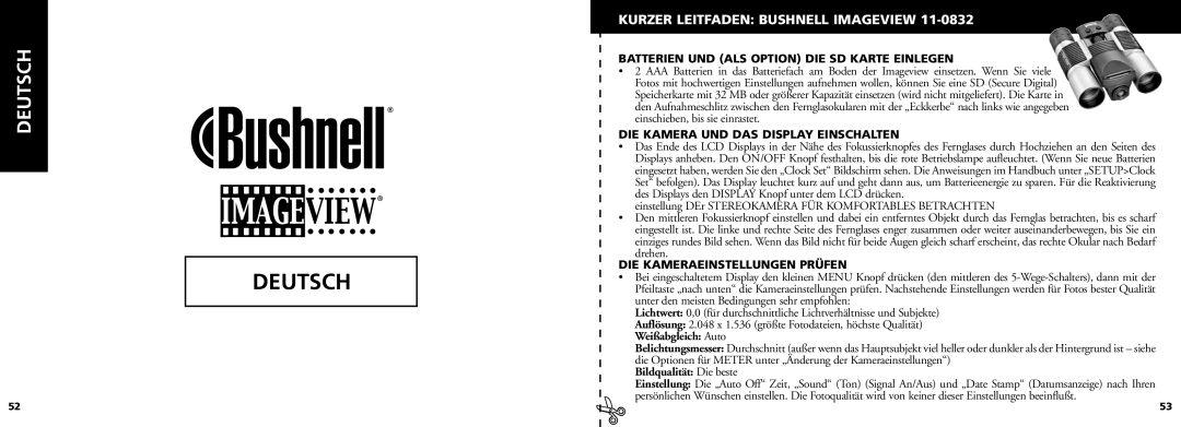 Bushnell 11-0832 manual Kurzer Leitfaden Bushnell Imageview, Batterien UND ALS Option DIE SD Karte Einlegen 