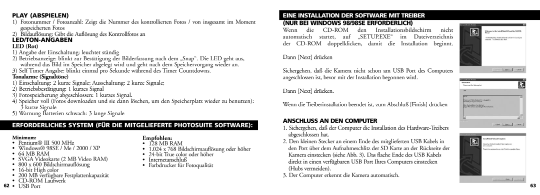 Bushnell 11-0832 manual Play Abspielen, Led/Ton-Angaben, Anschluss AN DEN Computer 