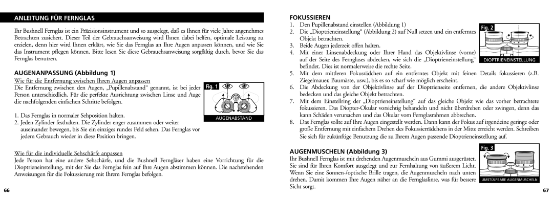 Bushnell 11-0832 manual Anleitung FÜR Fernglas, Fokussieren, Augenanpassung Abbildung, Augenmuscheln Abbildung 