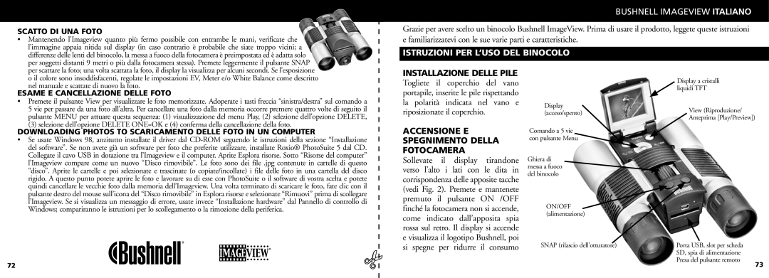 Bushnell 11-0832 Istruzioni PER L’USO DEL Binocolo, Installazione Delle Pile, Accensione E Spegnimento Della Fotocamera 