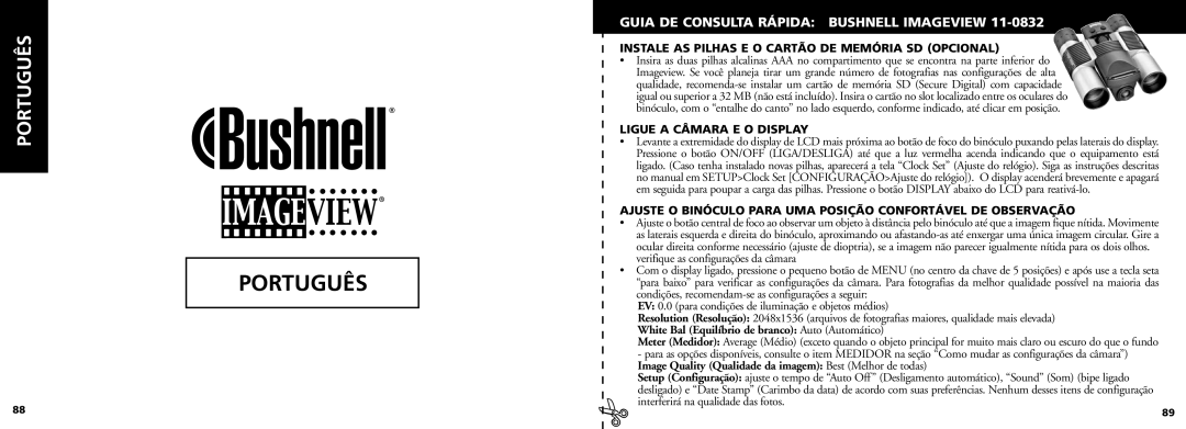 Bushnell 11-0832 manual Guia DE Consulta Rápida Bushnell Imageview, Instale AS Pilhas E O Cartão DE Memória SD Opcional 