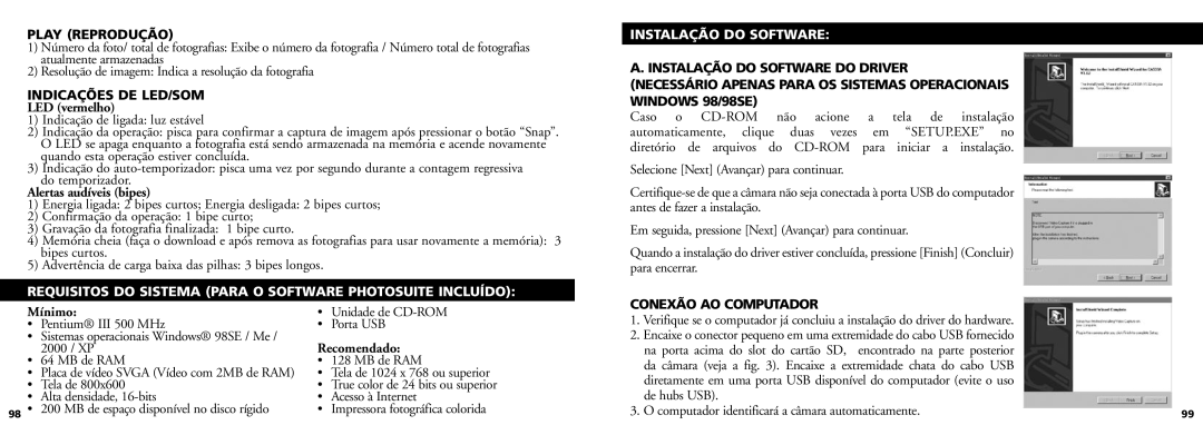 Bushnell 11-0832 manual Play Reprodução, Indicações DE LED/SOM, Requisitos do Sistema Para O Software Photosuite Incluído 