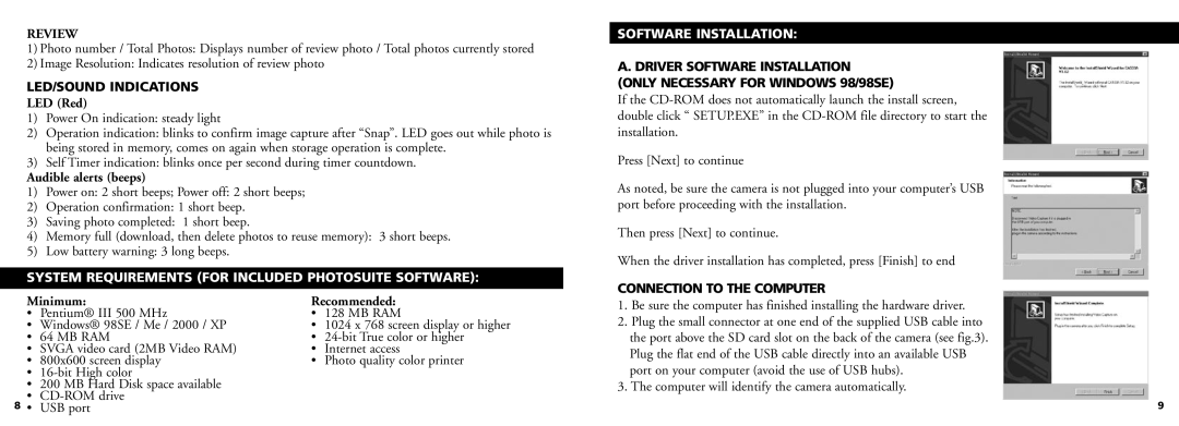 Bushnell 11-0832 manual Review, LED/SOUND Indications, System Requirements for Included Photosuite Software 