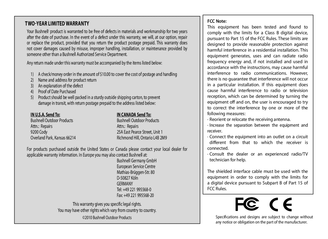 Bushnell 11-0833 instruction manual TWO-Year Limited Warranty 