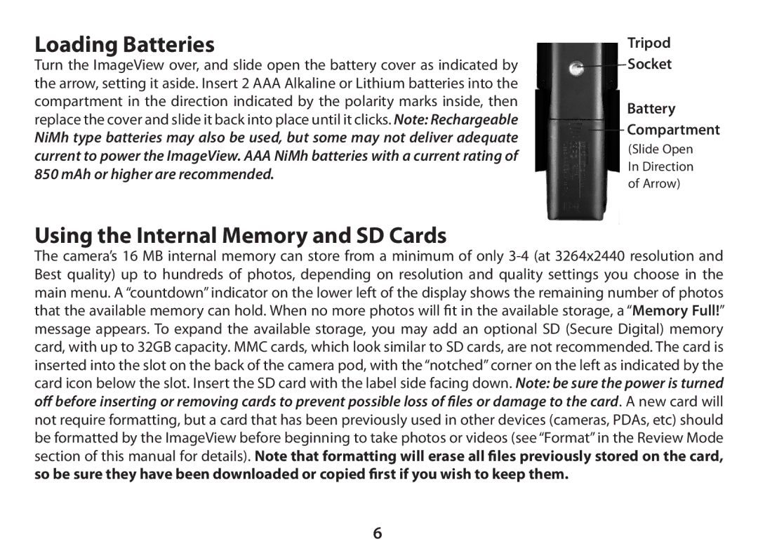 Bushnell 11-0833 instruction manual Loading Batteries, Using the Internal Memory and SD Cards 