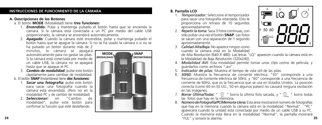 Bushnell 11-1025 manual Instrucciones DE Funciomiento DE LA Cámara, Descripciones de los Botones, Seleccionar, Pantalla LCD 