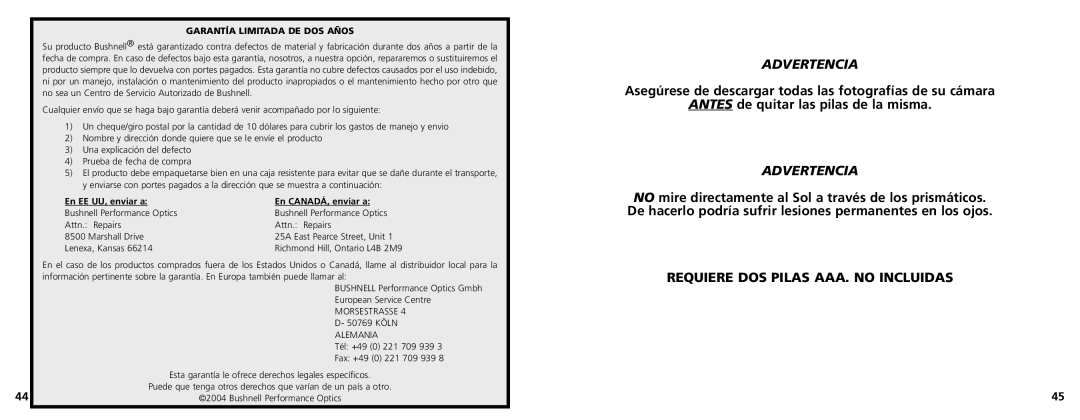 Bushnell 11-1025CL manual Requiere DOS Pilas AAA. no Incluidas, Garantía Limitada DE DOS Años 