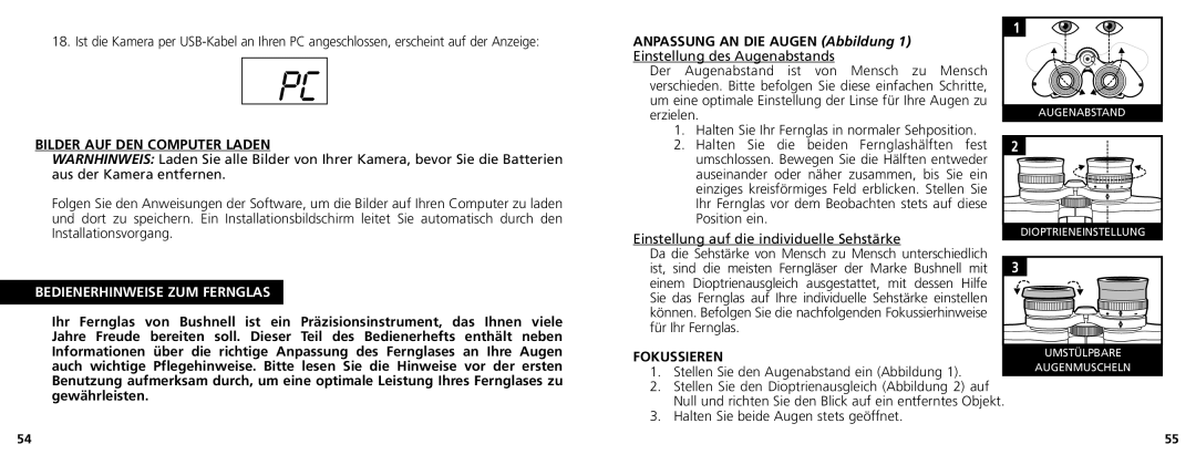 Bushnell 11-1025CL manual Bilder AUF DEN Computer Laden, Bedienerhinweise ZUM Fernglas, Fokussieren 