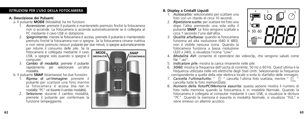 Bushnell 11-1025CL manual Istruzioni PER L’USO Della Fotocamera, Descrizione dei Pulsanti, Display a Cristalli Liquidi 