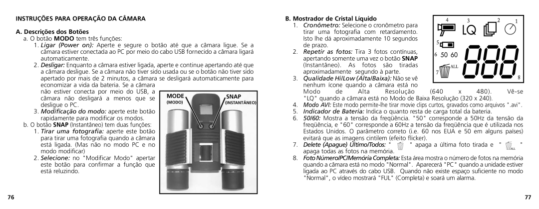 Bushnell 11-1025CL manual Instruções Para Operação DA Câmara, Descrições dos Botões, Mostrador de Cristal Líquido 