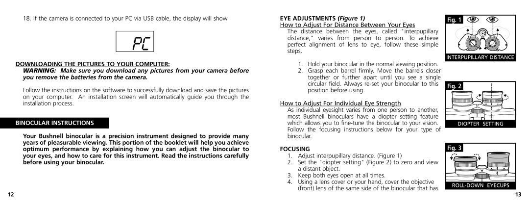 Bushnell 11-1025CL manual Downloading the Pictures to Your Computer, Binocular Instructions, Focusing 