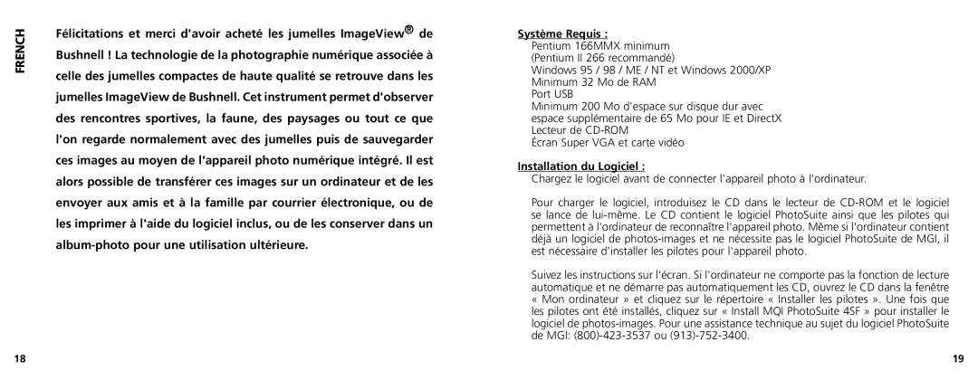 Bushnell 11-1025CL manual French, Système Requis, Installation du Logiciel 