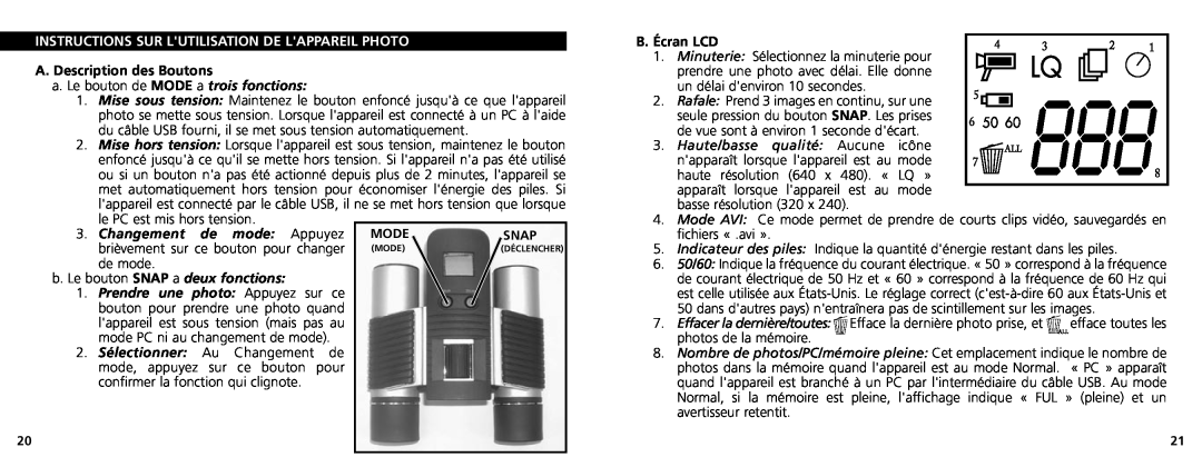 Bushnell 11-1025CL Instructions Sur Lutilisation De Lappareil Photo, A. Description des Boutons, de mode, B. Écran LCD 