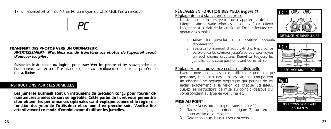 Bushnell 11-1025CL manual Transfert Des Photos Vers Un Ordinateur, Instructions Pour Les Jumelles, Mise Au Point 