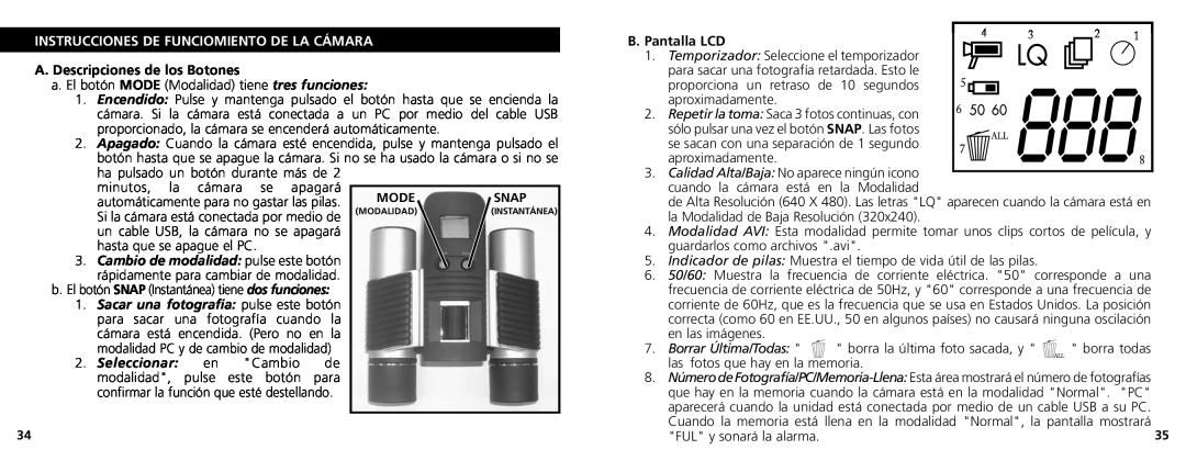 Bushnell 11-1025 Instrucciones De Funciomiento De La Cámara, A. Descripciones de los Botones, Seleccionar, B. Pantalla LCD 
