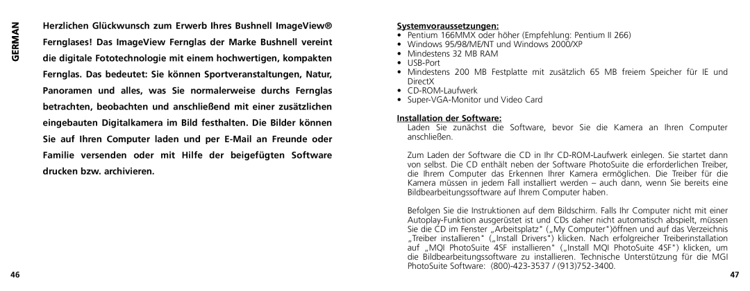 Bushnell 11-1025CL manual German, Systemvoraussetzungen, Installation der Software 