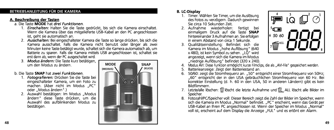 Bushnell 11-1025CL manual A. Beschreibung der Tasten, B. LC-Display, Betriebsanleitung Für Die Kamera 