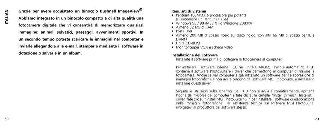 Bushnell 11-1025CL manual Italian, Requisiti di Sistema, Installazione del Software 