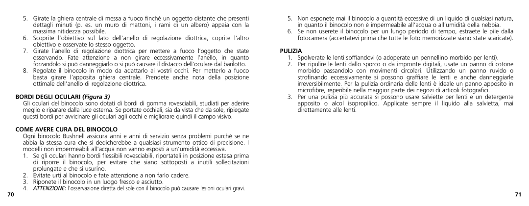 Bushnell 11-1025CL manual BORDI DEGLI OCULARI Figura, Come Avere Cura Del Binocolo, Pulizia 