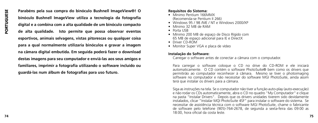 Bushnell 11-1025CL manual Portuguese, Requisitos do Sistema, Instalação do Software 