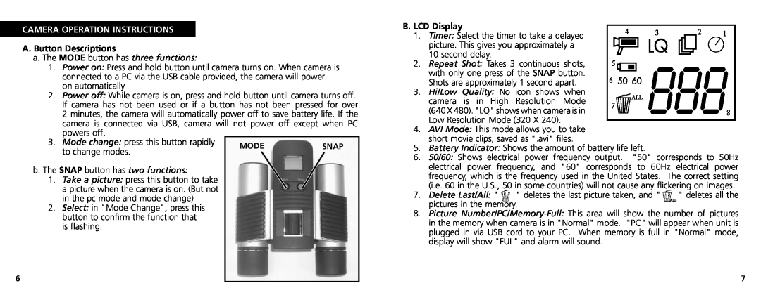 Bushnell 11-1025CL manual Camera Operation Instructions, A. Button Descriptions, B. LCD Display 