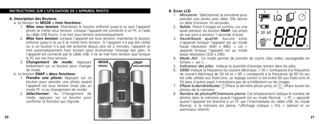 Bushnell 11-1025 manual Instructions SUR Lutilisation DE Lappareil Photo, Description des Boutons, Écran LCD 