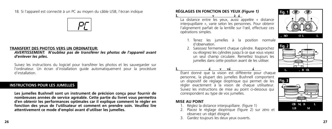 Bushnell 11-1025 manual Transfert DES Photos Vers UN Ordinateur, Instructions Pour LES Jumelles, Mise AU Point 