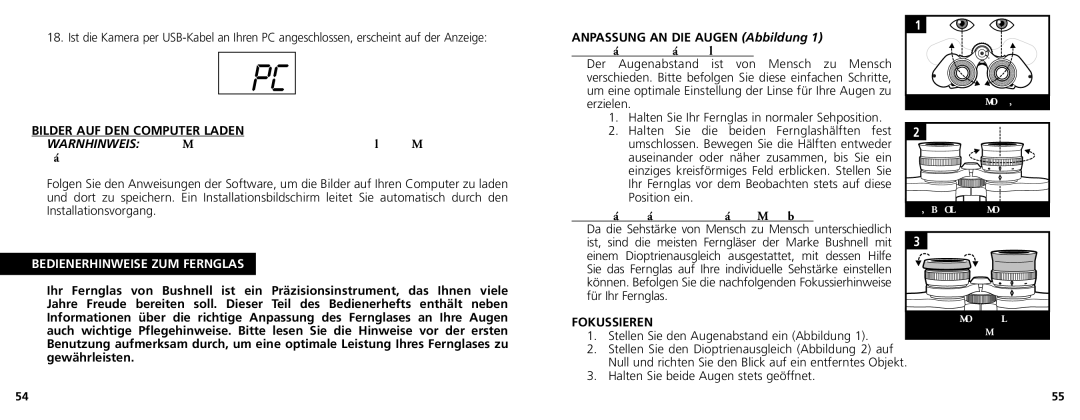 Bushnell 11-1025 manual Bilder AUF DEN Computer Laden, Bedienerhinweise ZUM Fernglas, Fokussieren 