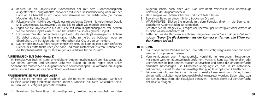 Bushnell 11-1025 manual Augenmuscheln Abbildung, Pflegehinweise FÜR Ferngläser, Reinigung 