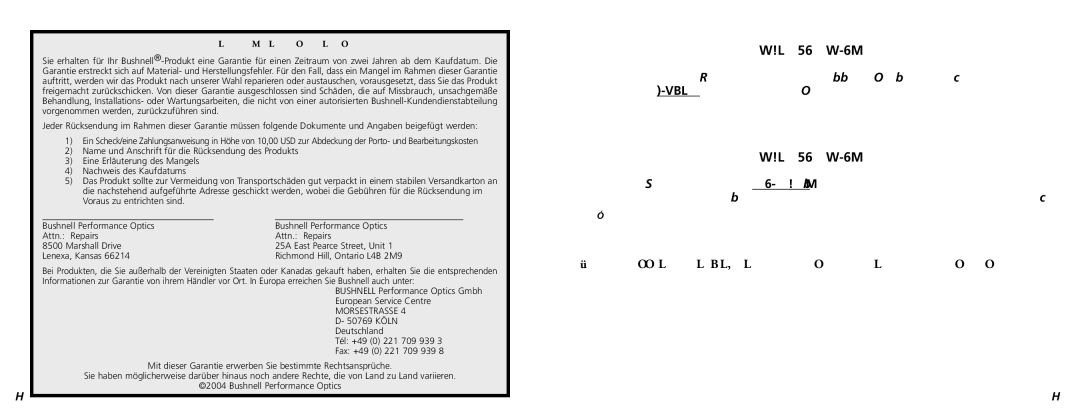 Bushnell 11-1025 manual AAA-BATTERIEN Erforderlich Nicht IM Lieferumfang Enthalten, Zweijährige Beschränkte Garantie 