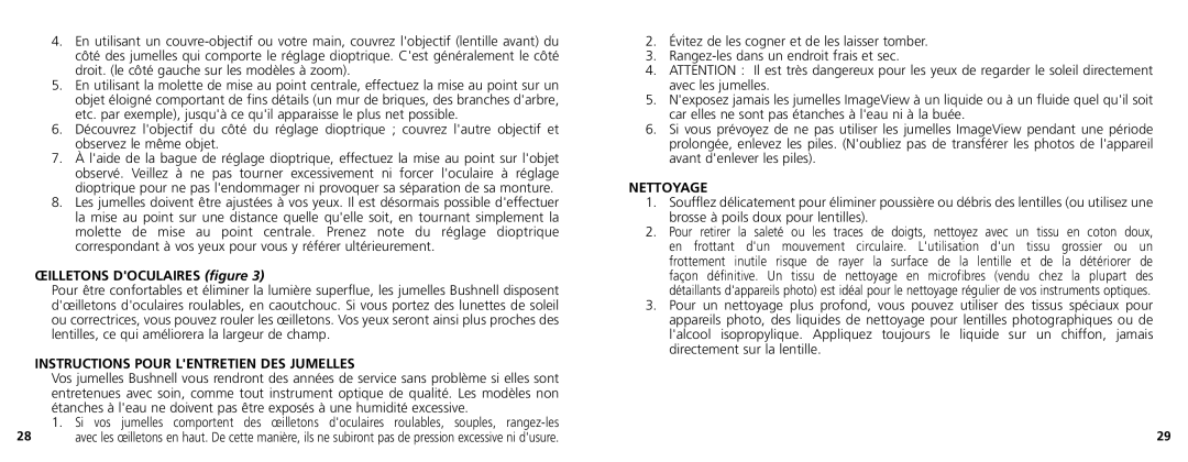 Bushnell 11-1025 manual ŒILLETONS DOCULAIRES figure, Instructions Pour Lentretien Des Jumelles, Nettoyage 