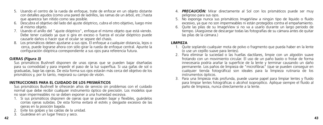 Bushnell 11-1025 manual OJERAS Figura, Instrucciones Para El Cuidado De Los Prismáticos, Limpieza 