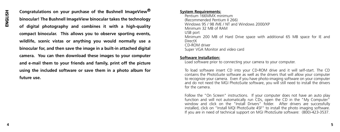 Bushnell 11-1025 manual English, System Requirements, Software Installation 