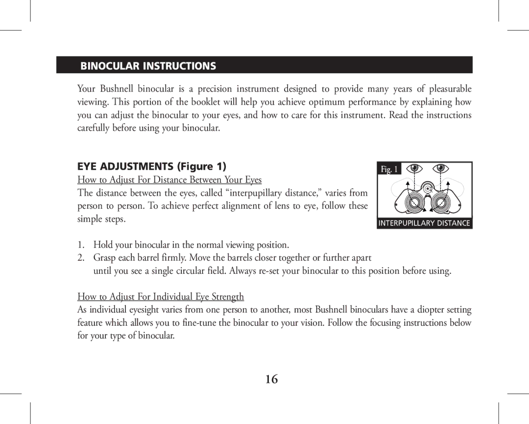 Bushnell 11-1026, 11-1027 instruction manual Binocular Instructions 