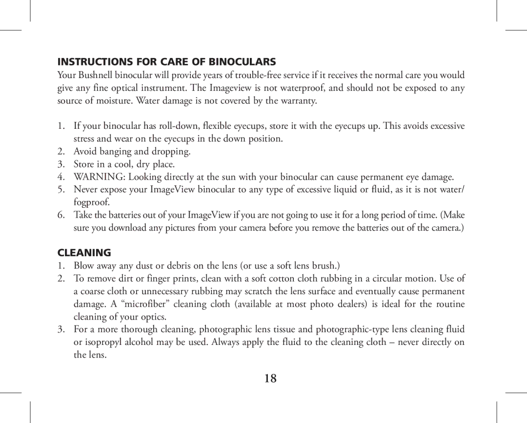 Bushnell 11-1026, 11-1027 instruction manual Instructions for Care of Binoculars 