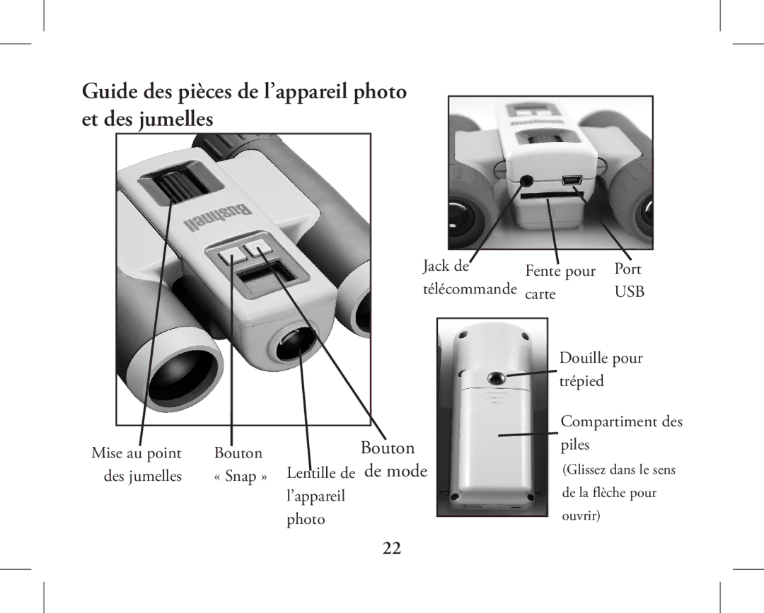 Bushnell 11-1026, 11-1027 instruction manual Guide des pièces de l’appareil photo et des jumelles 