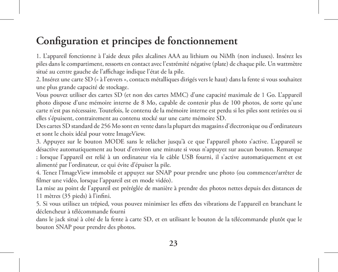 Bushnell 11-1027, 11-1026 instruction manual ConfigurationAMERA Parts et principes de fonctionnement 