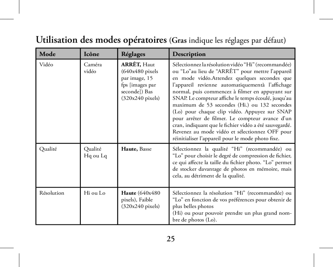 Bushnell 11-1027, 11-1026 instruction manual Mode Icône Réglages Description 