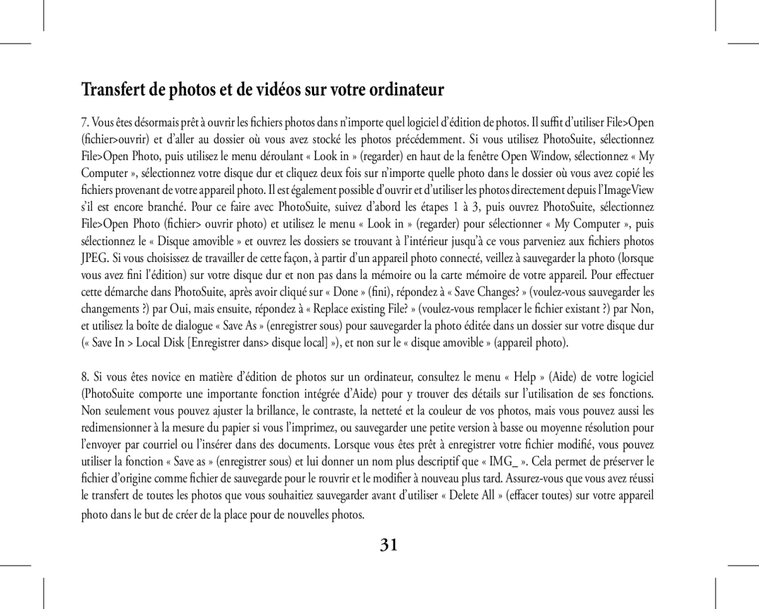 Bushnell 11-1027, 11-1026 instruction manual Transfert de photos et de vidéos sur votre ordinateur 