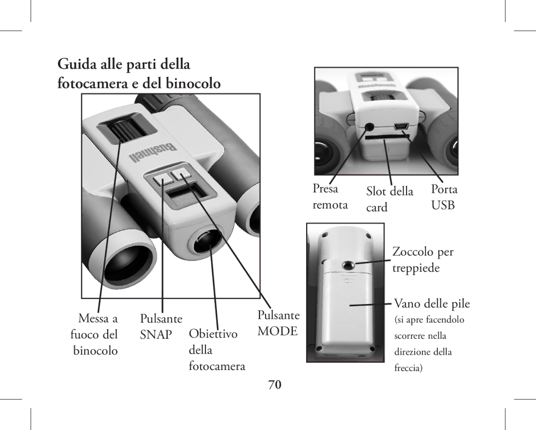 Bushnell 11-1026, 11-1027 instruction manual Guida alle parti della fotocamera e del binocolo 