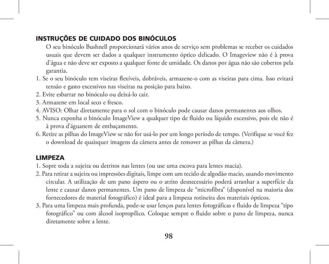 Bushnell 11-1026, 11-1027 instruction manual Instruções DE Cuidado DOS Binóculos 