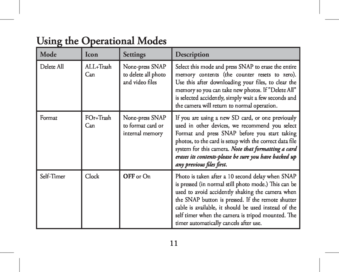 Bushnell 11-1027, 11-1026 instruction manual Using the Operational Modes, Icon, Settings, Description 