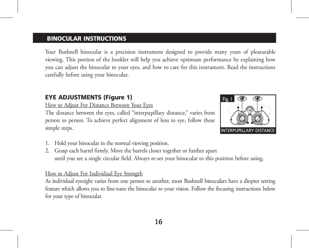 Bushnell 11-1026, 11-1027 instruction manual Binocular Instructions, EYE ADJUSTMENTS Figure 