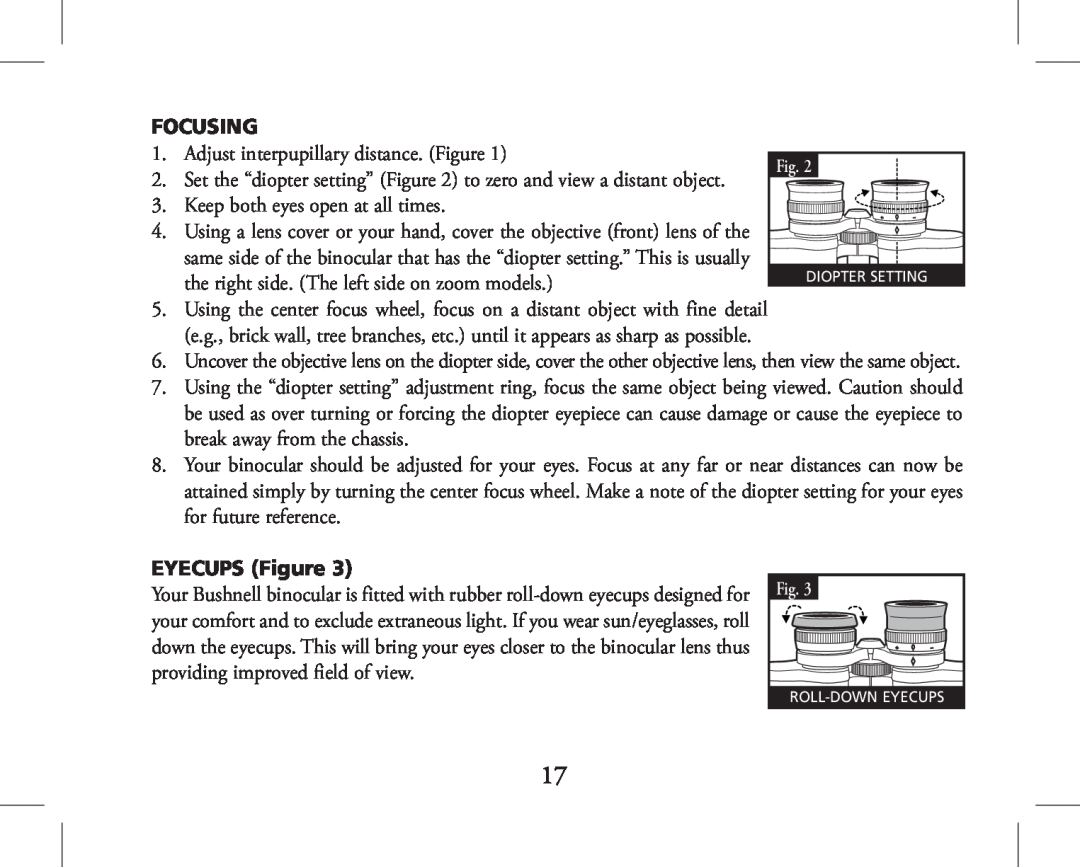 Bushnell 11-1027, 11-1026 instruction manual Focusing, EYECUPS Figure 