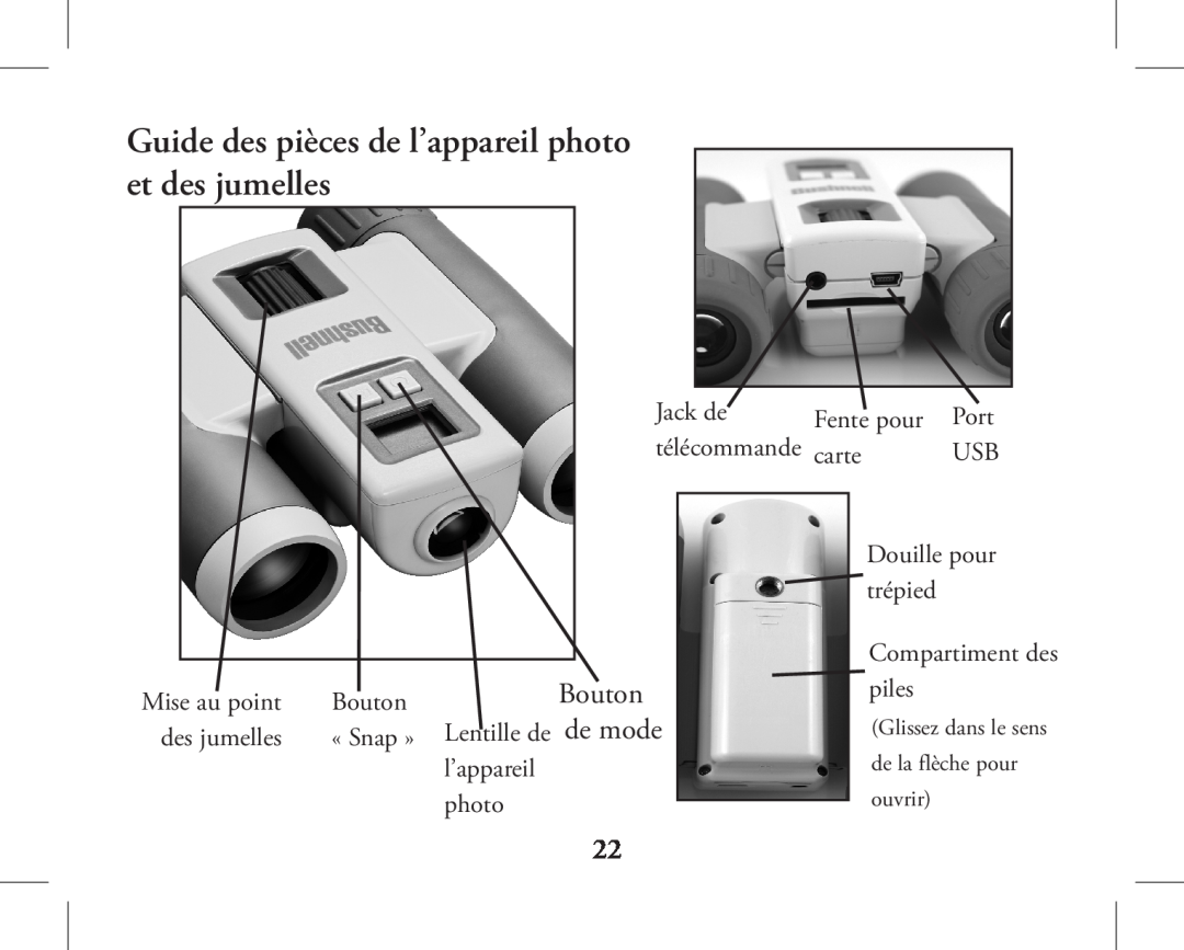 Bushnell 11-1026, 11-1027 instruction manual Guide des pièces de l’appareil photo et des jumelles, Bouton, de mode 
