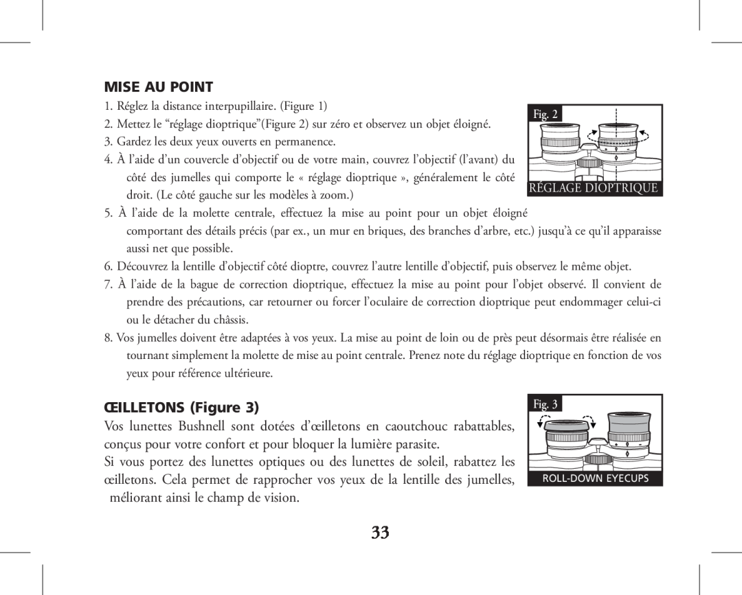 Bushnell 11-1027, 11-1026 instruction manual Mise Au Point, ŒILLETONS Figure 