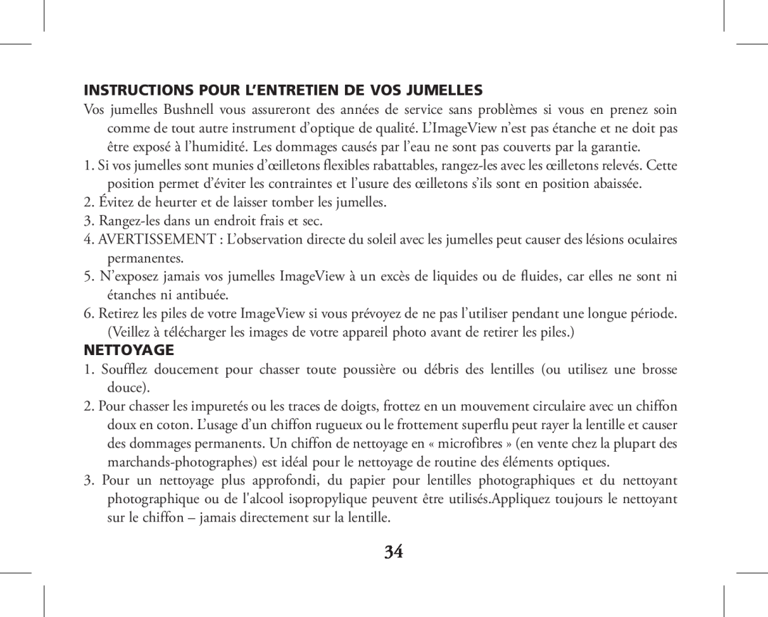 Bushnell 11-1026, 11-1027 instruction manual Instructions Pour L’Entretien De Vos Jumelles, Nettoyage 