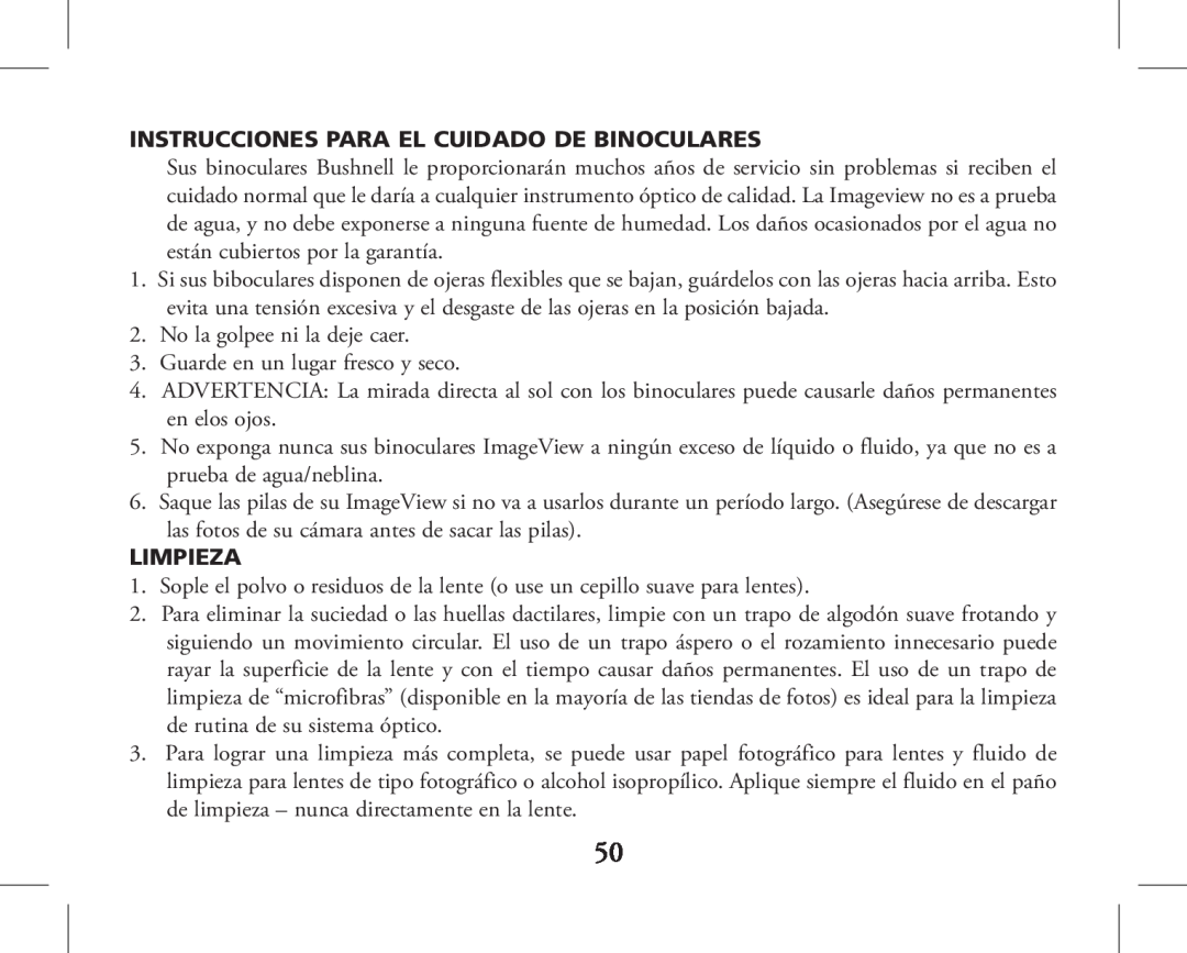Bushnell 11-1026, 11-1027 instruction manual Instrucciones Para El Cuidado De Binoculares, Limpieza 