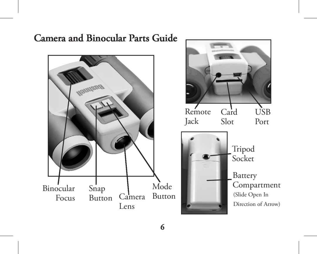Bushnell 11-1026, 11-1027 instruction manual Camera and Binocular Parts Guide, Snap, Mode, Focus, Button Camera, Lens 