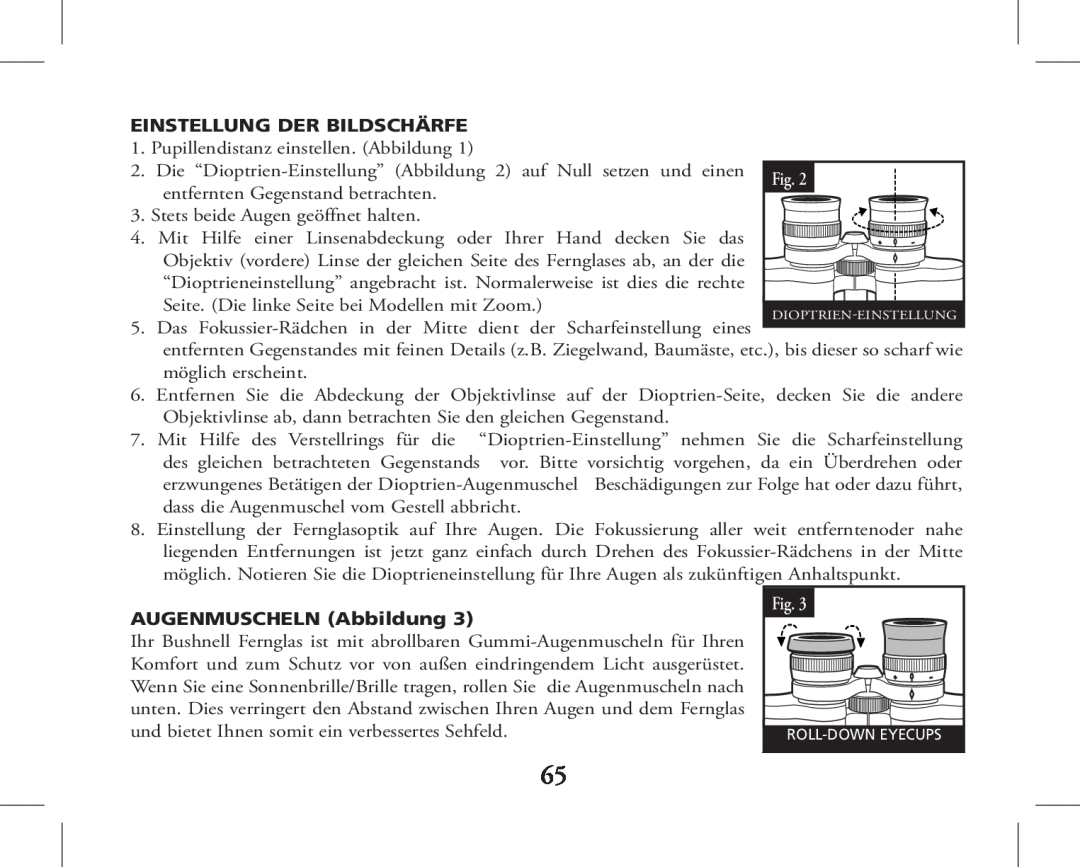 Bushnell 11-1027, 11-1026 instruction manual Einstellung Der Bildschärfe, AUGENMUSCHELN Abbildung 